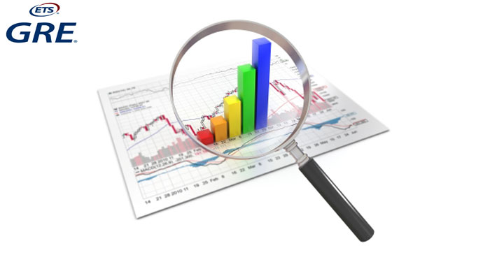ETS GRE logo beside a magnifying glass over a colorful bar chart and score graphs